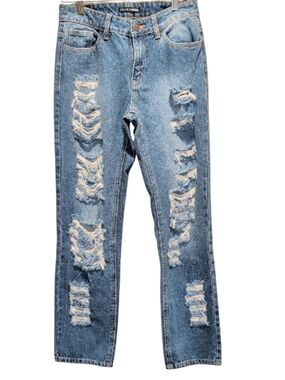 Fashion Nova Distressed Medium Blue Straight Leg Jeans (#809)